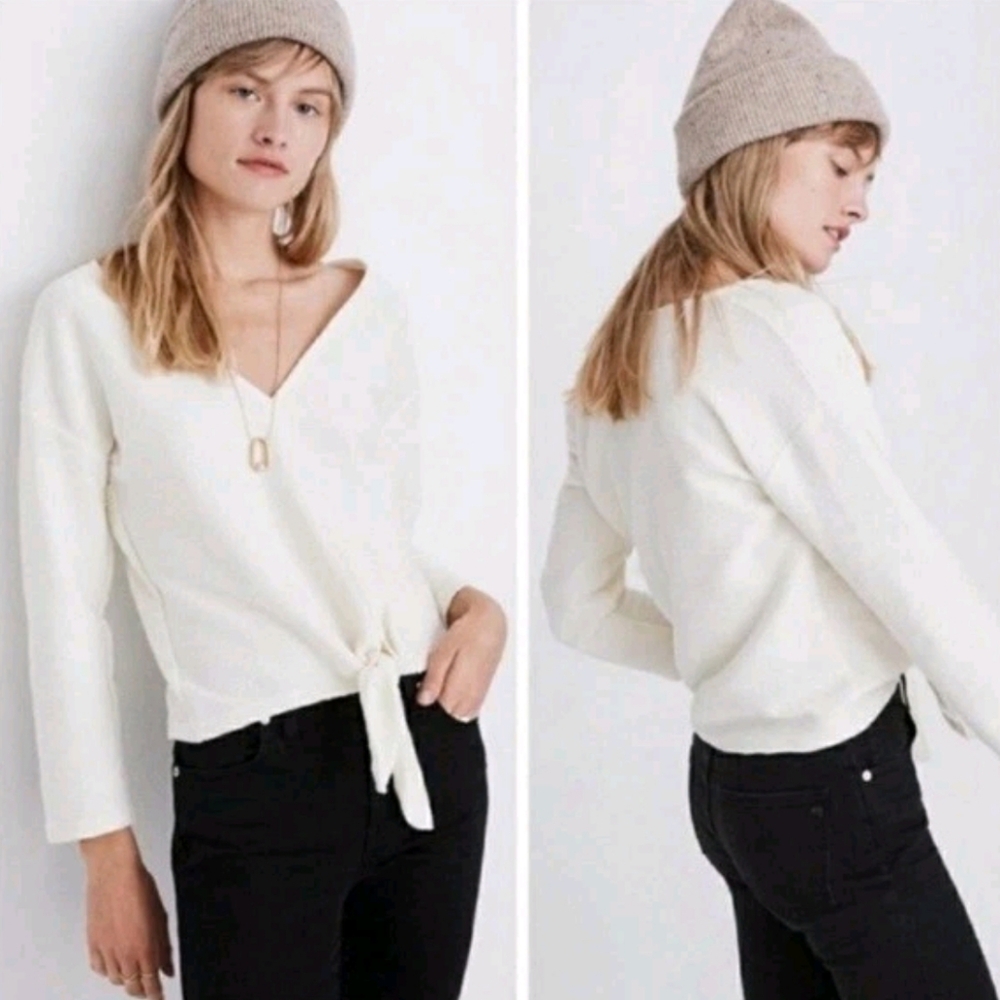 Madewell Texture & Thread Cream Twist Tie Cropped V-neck Sweater Size S
